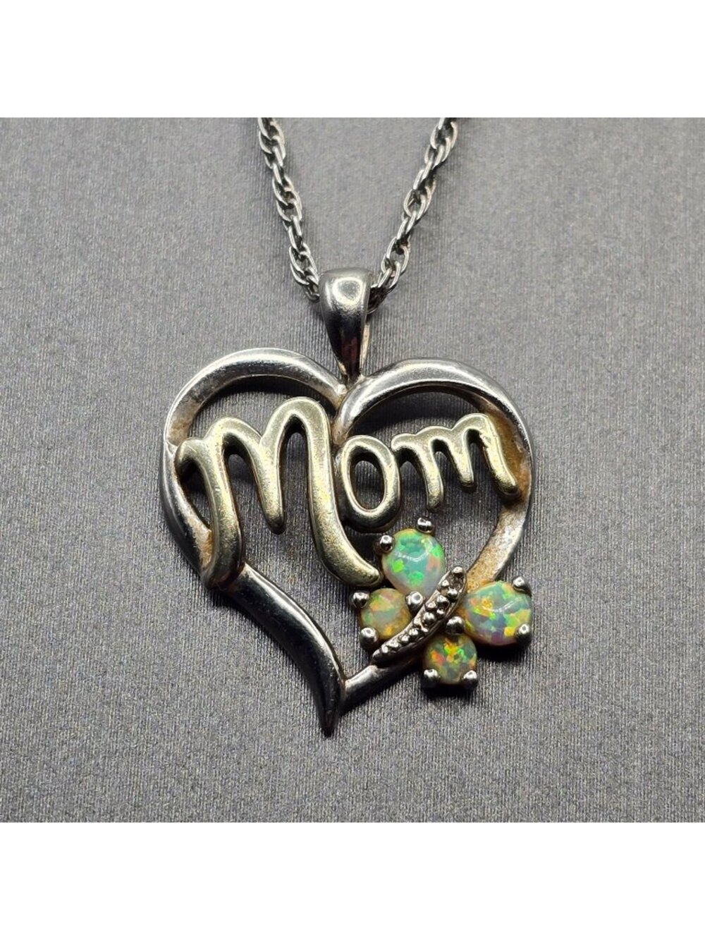 Vintage Alwand Vahan Mom Heart Pendant Sterling Silver Opal Butterfly Necklace 1